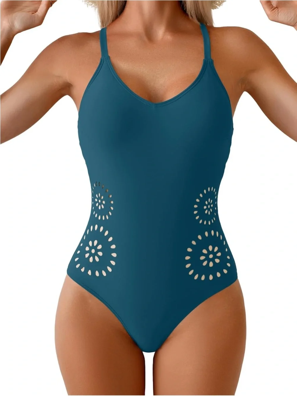 Teal One-Piece Swimsuit with Laser-Cut Detail